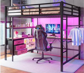 Łóżko mezzanine 140x200cm z LED i gniazdkami - biurko z 3 szufladami i półką - Czarne