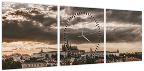 Obraz - pochmurna Praga (z zegarem) (90x30 cm)