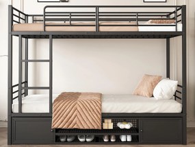 Żelazne łóżko piętrowe 90x200cm - z półką na buty i drabinką - Czarne