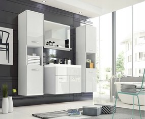 Zestaw mebli łazienkowych, komplet wiszący z umywalką, lustrem i 2 słupkami, korpus biały mat fronty biały połysk