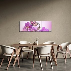 Obraz - Motyl na kwiatach orchidei, liliowy (z zegarem) (90x30 cm)