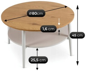 Stolik Kawowy Okrągły PAULO MAX 80 cm Dąb/Biały Skandynawski