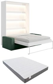 Łóżko chowane w szafie 140 x 200 cm - Otwierane ręcznie pionowo - Z oświetleniem LED - Białe + Materac + Zielona kanapa - RAPILI