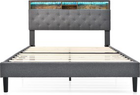 Łóżko 140x200 cm - Szary len - Łóżko dla dorosłych z zagłówkiem ze schowkiem i drewnianym stelażem z listewek - Oświetlenie LED - Bez materaca