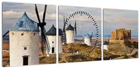 Obraz - Wiatraki Consuegra, Hiszpania (z zegarem) (90x30 cm)