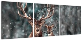 Obraz - Jeleń i łania w zaśnieżonym lesie (z zegarem) (90x30 cm)