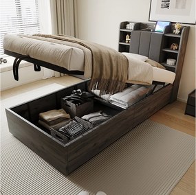 Łóżko z pojemnikiem 90x200 cm, zagłówek ze schowkiem i portem USB, szare drewno - bez materaca