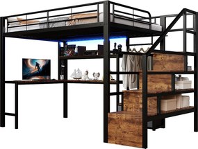 Metalowe łóżko piętrowe dla dzieci - 140 x 200 cm - z 2 szufladami + szafa + oświetlenie LED + biurko + drabinka - czarne