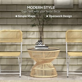 Outsunny Stolik boczny z rattanu Ø60 cm z hartowanym szklanym blatem Styl boho do ogrodu i balkonu Drewno naturalne | Aosom PL