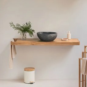 Zestaw Mebli Łazienkowych 130x45 Cm Wiszący Z Drewna Tekowego Neill Drewno Tekowe & Nieregularna Z Czarnego Cementu - Sklum