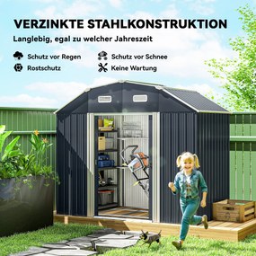 Outsunny Domek narzędziowy do ogrodu, odporny na warunki atmosferyczne, 2 okna, 2 drzwi, 238 x 132 x 198,5 cm, Ciemnoszary