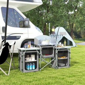 Outsunny Kuchnia kempingowa, składana, ochrona przed wiatrem, 3 kieszenie z tkaniny, rama aluminiowa, 172x48x119cm, Szary/Srebrny