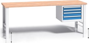 Stół warsztatowy z regulacją wysokości G3, 2000 x 685 x 840-1050 mm, 1x 4 szufladowy kontener, niebieski
