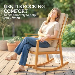 Outsunny Fotel bujany z drewna akacjowego z wysokim oparciem i poduszkami do 160 kg, 60 x 89 x 107 cm, beżowy | Aosom PL