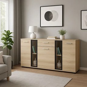 Nowoczesna komoda z witryną w kolorze dąb sonoma E6-M34