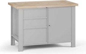 Stół warsztatowy G7, blat bukowy, 1200 x 685 x 840 mm, 1x szafka, 3x szuflada, szary