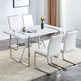 Komplet 4 białych krzeseł do jadalni - oparcie w paski i 4 podnóżki - tapicerka poliuretanowa i len