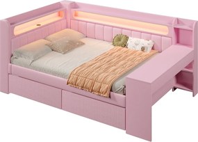 Pikowana kanapa rozkładana 140 x 200 cm - z LED i portem USB - z biurkiem i 2 szufladami - Różowy​ (Materac nie jest wliczony w cenę)