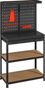 HOMCOM Stół warsztatowy 80 x 40,5 x 155 cm z panelem perforowanym, hakami, szufladą, 2 półkami do warsztatu, czarny