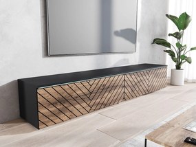 Nowoczesna szafka RTV 180 cm do salonu z LED – 2-drzwiowa, bezuchwytowa, czarny mat, stojąca lub wisząca, fronty wotan MDF jodełka