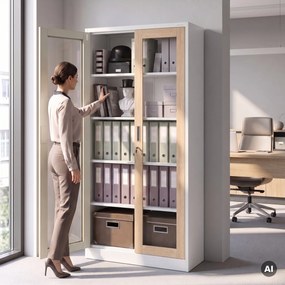 Witryna przeszklona metalowa wysoka z zamkiem biała/dąb sonoma, 900x1850x400 mm: AMELIA Eco Design