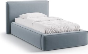 Jasnoniebieskie tapicerowane łóżko jednoosobowe ze schowkiem i stelażem 90x200 cm Jodie – Micadoni