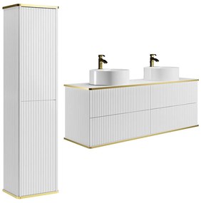 Podwieszana szafka łazienkowa prążkowana z podwójną okrągłą umywalką nablatową i słupkiem - Biała - 150 cm - KELIZA