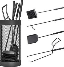 Outsunny Zestaw do Kominka, 5-częściowy, Miotła, Łopatka, Szczypce, Pogrzebacz i Kosz, Metal Odporny na Ogień, Czarny
