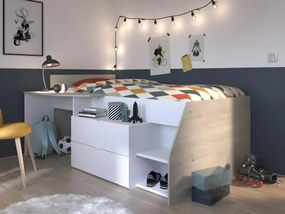 Łóżko z biurkiem i półkami - 90 x 200 cm - Biały i naturalny - GISELE