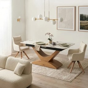 Stół Rozkładany Prostokątny ALICANTE 160-200 cm Ceramiczny Biały Marmur/Dąb do Jadalni Nowoczesny