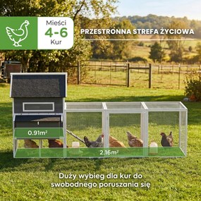 PawHut Drewniany Kurnik z Wybiegiem, Gniazdami i Asfaltowym Dachem, Wysuwana Taca, Dla 8-10 Kur, 347x160x150 cm, Ciemnoszary | Aosom PL
