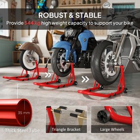 HOMCOM Stojak Motocyklowy Zestaw do Przedniego/Tylniego Koła Podnośnik Motocyklowy do 544 kg Stalowy Czerwony