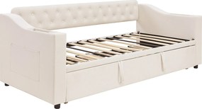 Łóżko piętrowe 90/180x190 cm - z gniazdkami i kieszenią na przechowywanie - materiał aksamitny - Beżowy