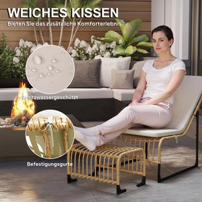 Outsunny Rattanowy Fotel Relaksacyjny z Podnóżkiem Odporny na UV, z Poduszką, 65 x 93 x 80 cm, Kolor Drewna Naturalnego