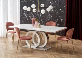 Elegancki rozkładany stół Tazzisto 160-200/90 biały połysk z blatem z MDFu lakierowanego i złotymi detalami do salonu glamour