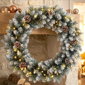 HOMCOM Wieniec świąteczny 60 cm oświetlony, wieniec drzwiowy z 50 LED, szyszki, sztuczny śnieg na Boże Narodzenie i adwent, drzwi wejściowe | Aosom PL