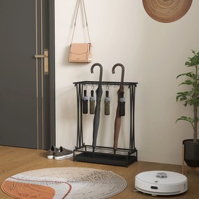 HOMCOM Stojak na parasole z wyjmowaną tacką ociekową, 21 otworów i 24 haczyki, Stal, Czarny