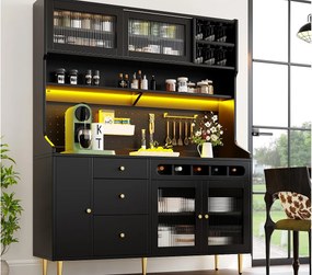 Kredens kuchenny 145x39x171 cm - z oświetleniem LED - 4 drzwi szklane - 3 szuflady - z panelem perforowanym - czarny