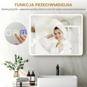 HOMCOM Lustro łazienkowe LED Bluetooth 70x90 cm podświetlane antypara głośnik 3 kolory światła dotykowe ścienne prostokątne | Aosom PL