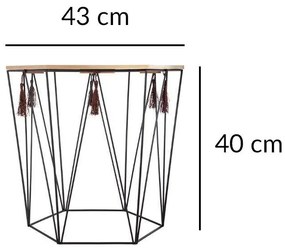 Stolik kawowy z drewna i metalu, sześciokątny blat ze wzorami