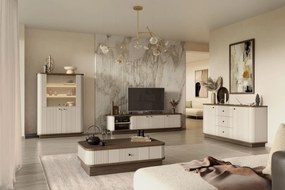 Stolik kawowy z szufladą Vesper 103x60 cm na cokole - kaszmir / orzech / czarny uchwyt