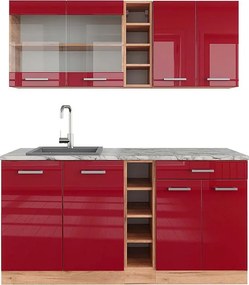 Pojedyncza kuchnia czerwony wysoki połysk/złoty dąb 160x60x81.6 r-line
