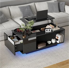 Czarny stolik kawowy z regulowaną wysokością blatu - Stolik kawowy z oświetleniem LED i 1 szufladą - Otwarta przestrzeń do przechowywania