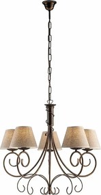 Żyrandol Wiedeń z brązowego lakierowanego żelaza, dekor stare złoto, abażury PVC z efektem juty Ø13", elegancki styl klasyczny, 5 świateł