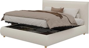 Tapicerowane łóżko z pojemnikiem 180x200 cm - Pikowane wezgłowie - Przechowywanie pod łóżkiem - Nogi z litego drewna - Tkanina bouclé - Biały