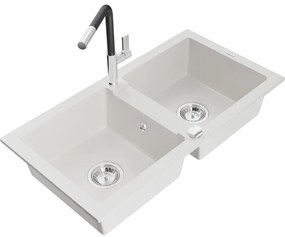 Mexen Mario zlewozmywak granitowy 2-komorowy z baterią kuchenną Flora, biały - 6504-20-670401-07