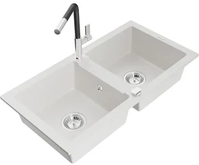 Mexen Mario zlewozmywak granitowy 2-komorowy z baterią kuchenną Flora, biały - 6504-20-670401-07