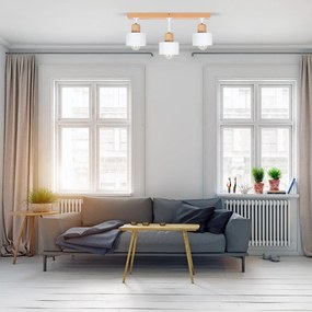 Biała lampa sufitowa, trzypunktowy spot DWE50x7BU z drewna i metalu E2