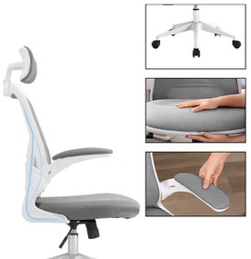 Ergonomiczny fotel biurowy z podparciem lędźwiowym i zagłówkiem, szary