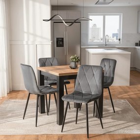 Zestaw Stół Kwadratowy Rozkładany MAX 80-160 cm Dąb Craft/Czarny i 4 Krzesła ROBIN Szare Welurowe